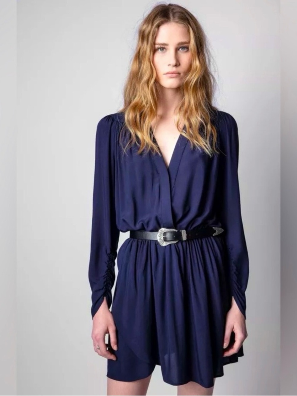 NWT ZADIG & VOLTAIRE | Navy Blue Long Sleeve V-Neck Reveal Mini Dress Small $395 - Picture 6 of 6